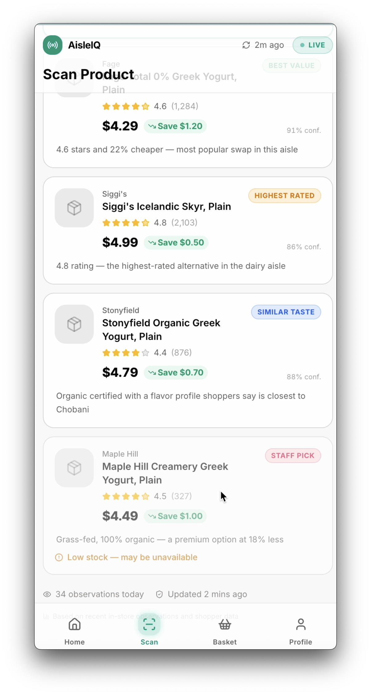 Consumer product-scan and price comparison screen