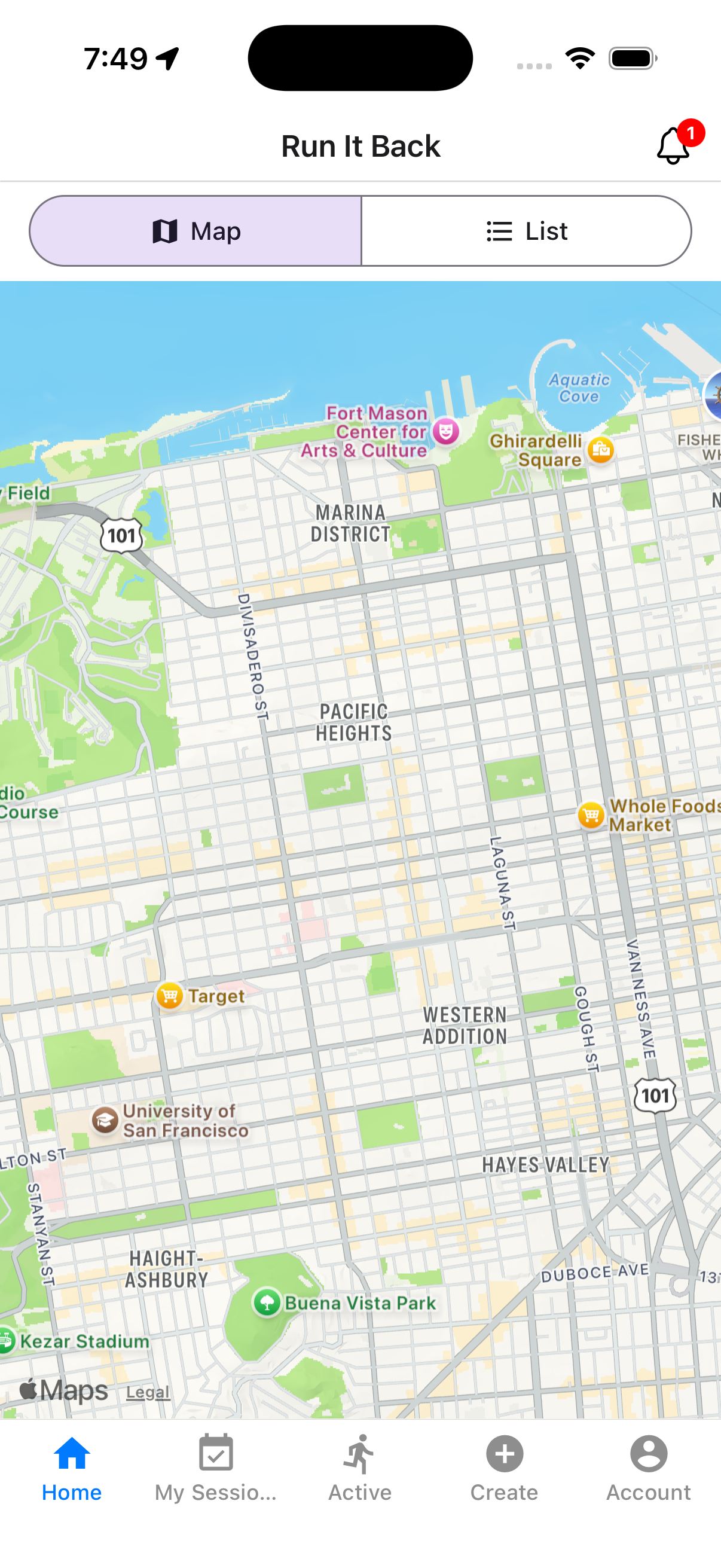 Run It Back app — nearby pickup sessions on a map