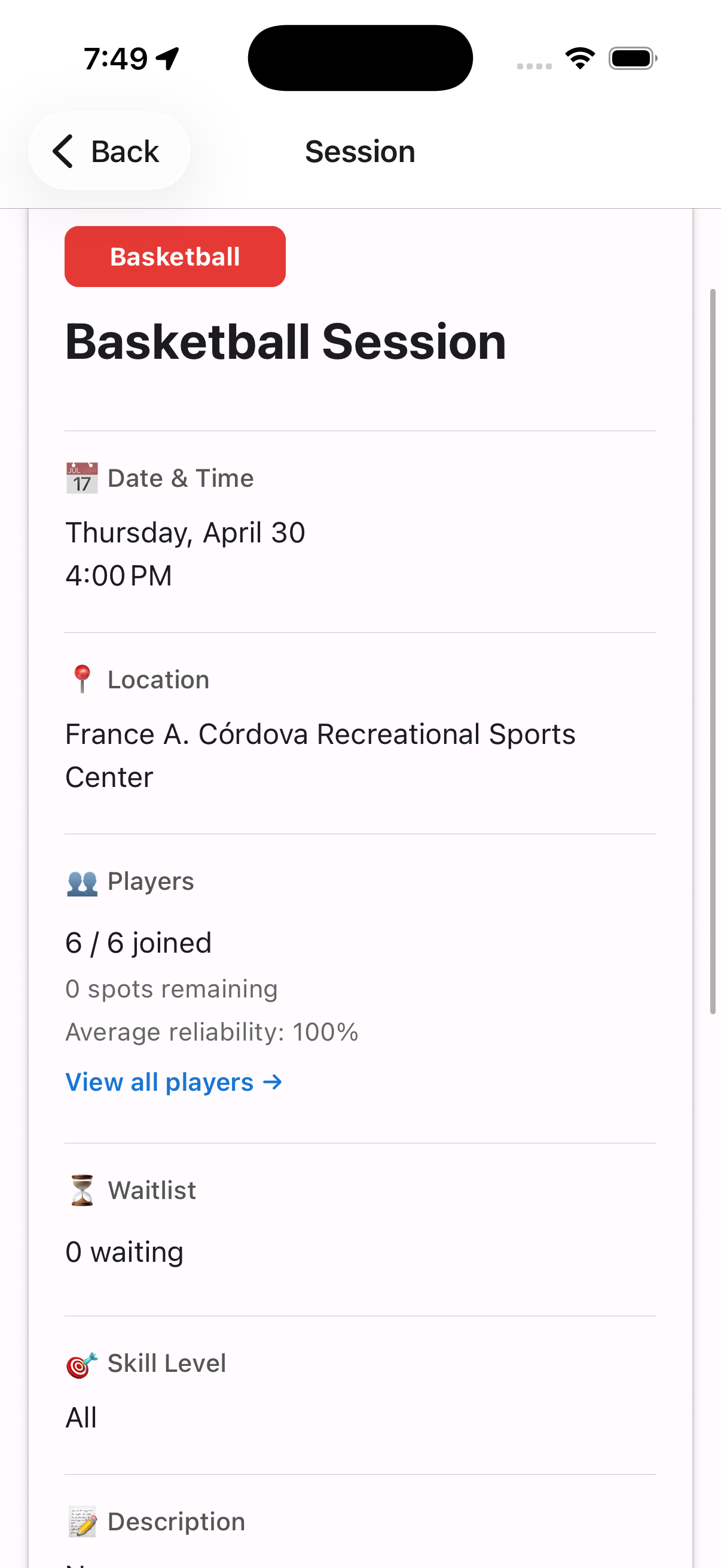 Session details with players and waitlist