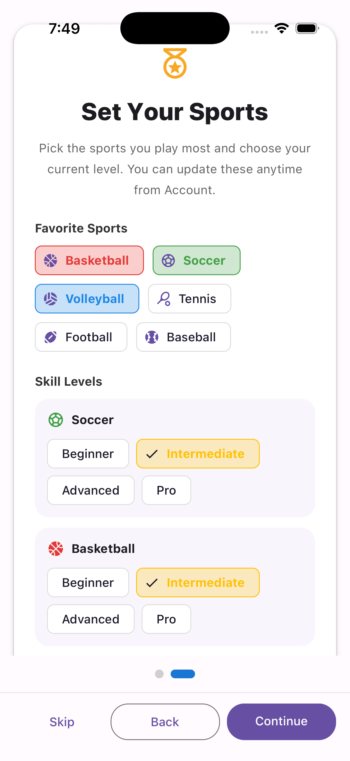 Choose favorite sports and skill levels
